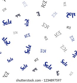 Dark BLUE vector seamless cover with symbols of 70 % sales. Colored words of sales with gradient on white background. Pattern for ads, posters, banners of sales.