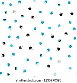 Dark BLUE vector seamless cover with set of coffee beans. Colorful illustration with gradient coffee beans, mugs. Pattern for ad, booklets, leaflets of restaurants.