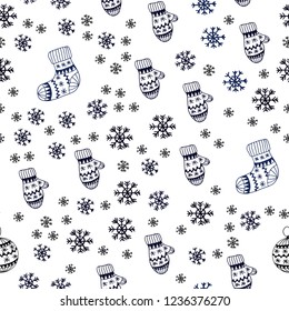 Dark BLUE vector seamless cover with beautiful snowflakes, balls, socks, mittens. Colorful xmas elements with gradient. Design for textile, fabric, wallpapers.