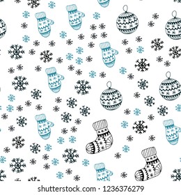 Dark BLUE vector seamless cover with beautiful snowflakes, balls, socks, mittens. Colorful decorative design in xmas style. Design for textile, fabric, wallpapers.