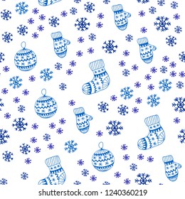 Dark BLUE vector seamless cover with beautiful snowflakes, balls, socks, mittens. Colorful illustration with xmas symbols. Pattern for design of fabric, wallpapers.