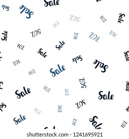 Dark BLUE vector seamless cover with symbols of 30, 50, 70 % sales. Colored words of sales with gradient on white background. Design for business ads, commercials.
