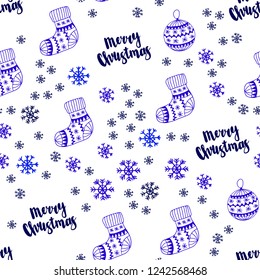 Dark BLUE vector seamless cover with beautiful snowflakes, balls, socks, mittens. Glitter abstract illustration with gradient. Pattern for design of fabric, wallpapers.