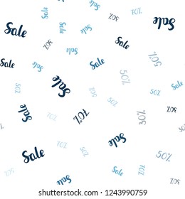 Dark BLUE vector seamless cover with symbols of 30, 50, 70 % sales. Colored words of sales with gradient on white background. Design for business ads, commercials.