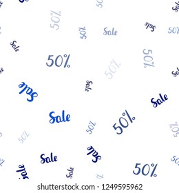 Dark BLUE vector seamless cover with symbols of 50 % sales. Colored words of sales with gradient on white background. Backdrop for mega promotions, discounts.