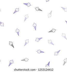 Dark BLUE vector seamless cover with sundae ice-cream. Glitter abstract sketch with ice-cream cones. Template of a black hot beverage in a cafe.