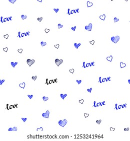 Dark BLUE vector seamless cover with quote LOVE YOU, hearts. Colorful gradient phrase LOVE YOU, hearts in abstract style. Template for business cards, websites.