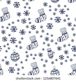 Dark BLUE vector seamless cover with beautiful snowflakes, balls, socks, mittens. Colorful illustration with xmas symbols. Texture for window blinds, curtains.