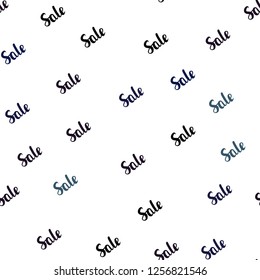Dark BLUE vector seamless cover with symbols of sales. Colored words of sales with gradient on white background. Pattern for ads, posters, banners of sales.