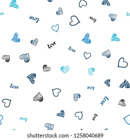 Dark BLUE vector seamless cover with quote LOVE YOU, hearts. Colorful gradient phrase LOVE YOU, hearts in abstract style. Pattern for design of fabric, wallpapers.