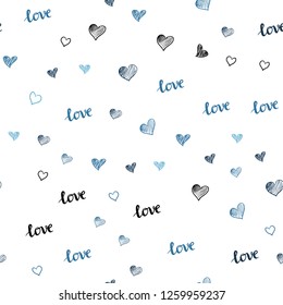 Dark BLUE vector seamless cover with quote LOVE YOU, hearts. Illustration with words of love, hearts in abstract style. Pattern for trendy fabric, wallpapers.