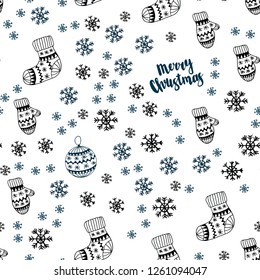 Dark BLUE vector seamless cover with beautiful snowflakes, balls, socks, mittens. Modern geometric abstract illustration. Design for textile, fabric, wallpapers.