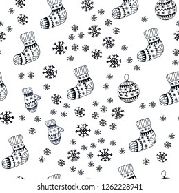 Dark BLUE vector seamless cover with beautiful snowflakes, balls, socks, mittens. Colorful decorative design in xmas style. Template for business cards, websites.