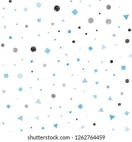 Dark BLUE vector seamless cover with polygonal style with circles. Illustration with set of colorful circles, triangles, squares. Template for business cards, websites.
