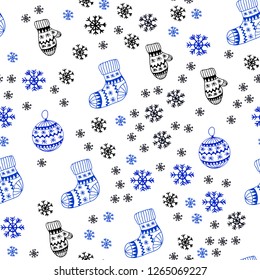 Dark BLUE vector seamless cover with beautiful snowflakes, balls, socks, mittens. Colorful illustration with xmas symbols. Pattern for design of fabric, wallpapers.