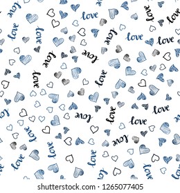 Dark BLUE vector seamless cover with quote LOVE, hearts. Design in doodle style with text LOVE, hearts. Pattern for design of fabric, wallpapers.