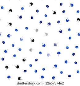 Dark BLUE vector seamless cover with set of coffee beans. Gradient abstract collection of coffee cups and beans. Template of a black hot beverage in a cafe.