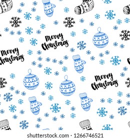 Dark BLUE vector seamless cover with beautiful snowflakes, balls, socks, mittens. Modern geometric abstract illustration. Pattern for design of fabric, wallpapers.