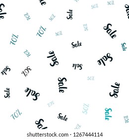 Dark BLUE vector seamless cover with symbols of 30, 50, 70 % sales. Colored words of sales with gradient on white background. Backdrop for mega promotions, discounts.