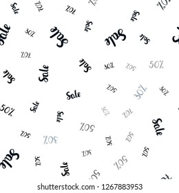 Dark BLUE vector seamless cover with symbols of 30, 50, 70 % sales. Colored words of sales with gradient on white background. Template for season sales, shopping ads.