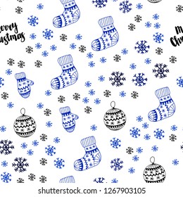 Dark BLUE vector seamless cover with beautiful snowflakes, balls, socks, mittens. Modern geometric abstract illustration. Template for business cards, websites.