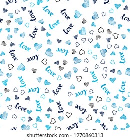 Dark BLUE vector seamless cover with quote LOVE YOU, hearts. Illustration with words of love, hearts in abstract style. Template for business cards, websites.