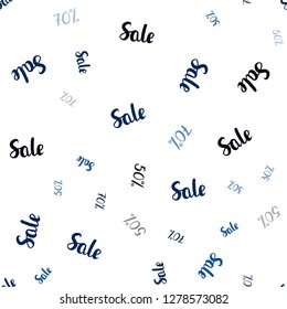 Dark BLUE vector seamless cover with symbols of 30, 50, 70 % sales. Colored words of sales with gradient on white background. Template for season sales, shopping ads.