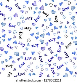 Dark BLUE vector seamless cover with quote LOVE YOU, hearts. Design in doodle style with text LOVE YOU, hearts. Pattern for design of fabric, wallpapers.