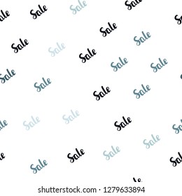Dark BLUE vector seamless cover with symbols of sales. Colored words of sales with gradient on white background. Pattern for ads, posters, banners of sales.