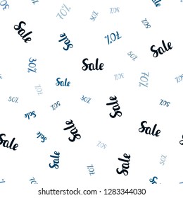 Dark BLUE vector seamless cover with symbols of 30, 50, 70 % sales. Colored words of sales with gradient on white background. Template for season sales, shopping ads.