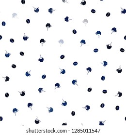 Dark BLUE vector seamless cover with set of coffee beans. Gradient illustration with coffee beans, tea cups. Pattern for ads of breakfast, lunch, dinner.