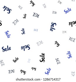 Dark BLUE vector seamless cover with symbols of 30, 50, 70 % sales. Colored words of sales with gradient on white background. Template for season sales, shopping ads.