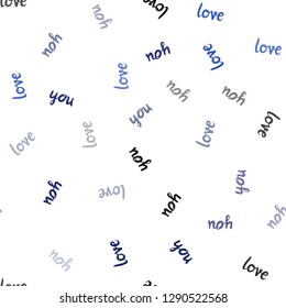 Dark BLUE vector seamless cover with quote LOVE YOU. Decorative design in doodle style with text LOVE YOU. Texture for window blinds, curtains.
