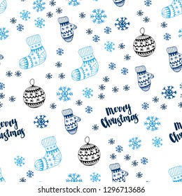 Dark BLUE vector seamless cover with beautiful snowflakes, balls, socks, mittens. Colorful decorative design in xmas style. Design for textile, fabric, wallpapers.