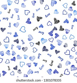 Dark BLUE vector seamless cover with quote LOVE YOU, hearts. Design in doodle style with text LOVE YOU, hearts. Template for business cards, websites.
