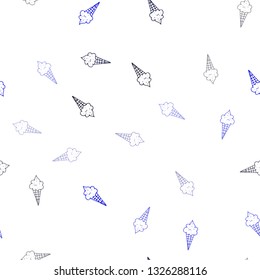 Dark BLUE vector seamless cover with sundae ice-cream. Decorative design of ice-cream cones in doodle style. Pattern for ads of breakfast, lunch, dinner.