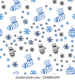 Dark BLUE vector seamless cover with beautiful snowflakes, balls, socks, mittens. Glitter abstract illustration with gradient. Design for textile, fabric, wallpapers.