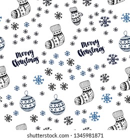 Dark BLUE vector seamless cover with beautiful snowflakes, balls, socks, mittens. Colorful illustration with xmas symbols. Template for business cards, websites.
