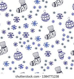 Dark BLUE vector seamless cover with beautiful snowflakes, balls, socks, mittens. Shining colorful illustration in christmas style. Pattern for design of fabric, wallpapers.