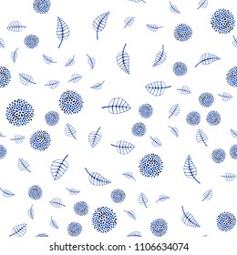 Dark BLUE vector seamless doodle background with leaves and flowers. Sketchy doodles on white background. Brand new design for your business.