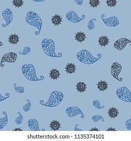 Dark BLUE vector seamless doodle texture with leaves and flowers. Decorative design in Indian style on white background. Brand new style for your business design.