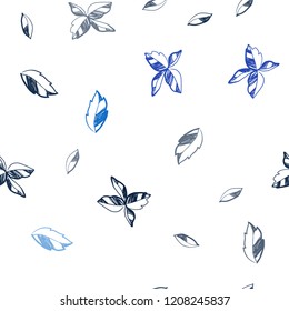 Dark BLUE vector seamless doodle template with leaves. Doodle illustration of leaves in Origami style with gradient. Pattern for design of window blinds, curtains.