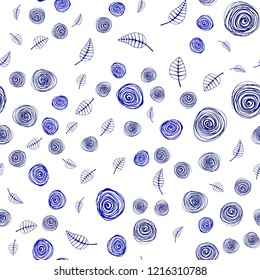 Dark BLUE vector seamless doodle backdrop with leaves and flowers. Sketchy doodles on white background. Template for business cards, websites.