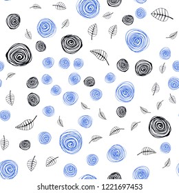 Dark BLUE vector seamless doodle pattern with leaves and flowers. Abstract illustration with leaves, flowers in doodles style. Texture for window blinds, curtains.