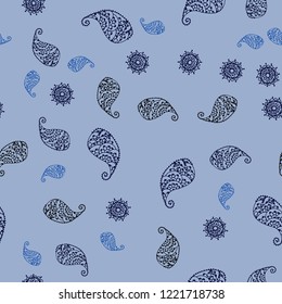 Dark BLUE vector seamless doodle template with leaves and flowers. Decorative design in Indian style on white background. Brand new design for your business.