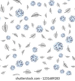 Dark BLUE vector seamless doodle layout with leaves, flowers. Colorful doodles on white background. Template for business cards, websites.