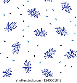 Dark BLUE vector seamless doodle backdrop with leaves, branches. Decorative design in Indian style on white background. Design for textile, fabric, wallpapers.