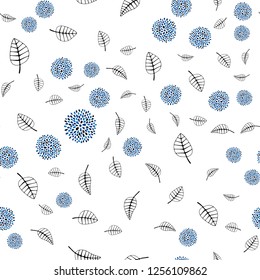 Dark BLUE vector seamless doodle texture with leaves, flowers. Shining colorful illustration with leaves, flowers. Design for textile, fabric, wallpapers.