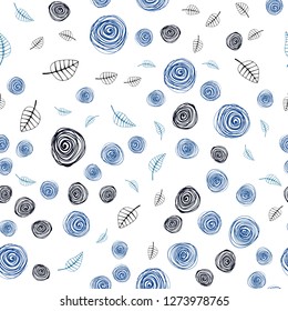 Dark BLUE vector seamless doodle layout with leaves and flowers. Colorful abstract illustration with leaves in doodle style. Texture for window blinds, curtains.