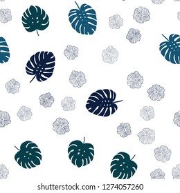 Dark BLUE vector seamless doodle texture with flowers, leaves. Shining colored illustration with leaves and flowers. Pattern for trendy fabric, wallpapers.